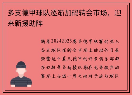 多支德甲球队逐渐加码转会市场，迎来新援助阵